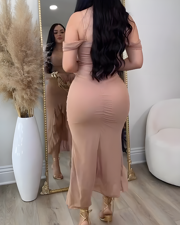Off-the-Shoulder Mesh Ruffled Slit Slim Dress