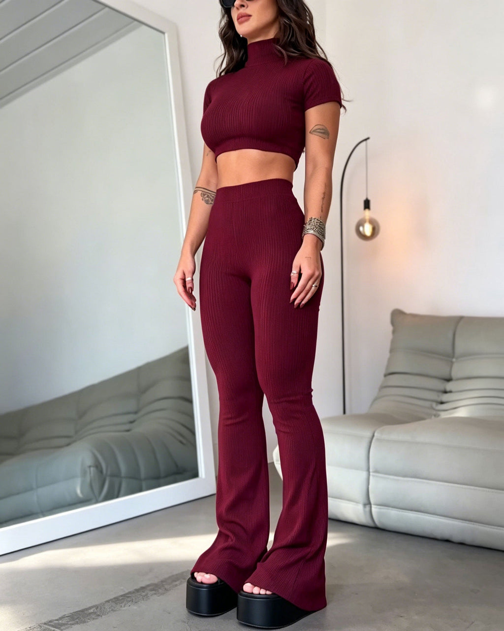 Ribbed Knit Turtleneck Short Sleeved Crop Top And High Waisted Flared Pants Two Piece Set