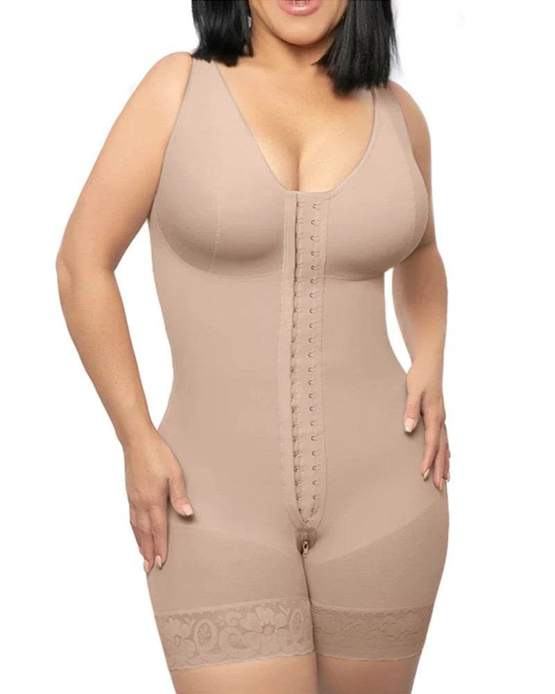 Compression Control Abdomen Buttoned Fitness Bodysuit Tan