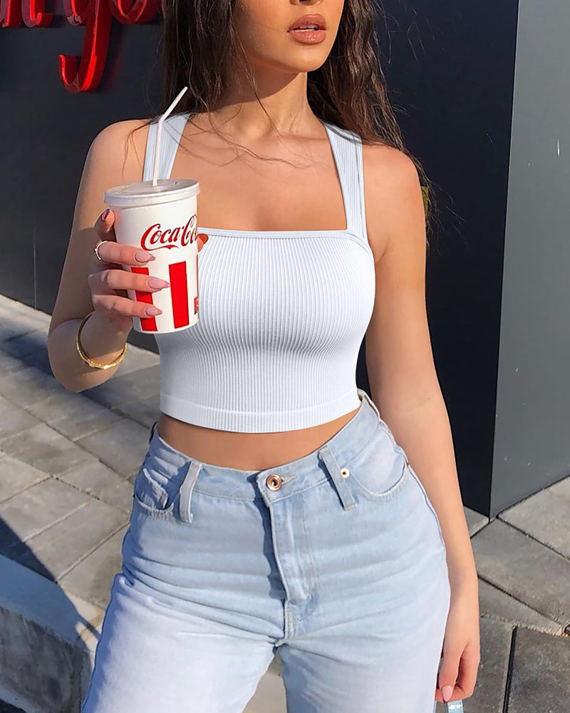 Sexy Ribbed Strappy Neckline Tank Tops White