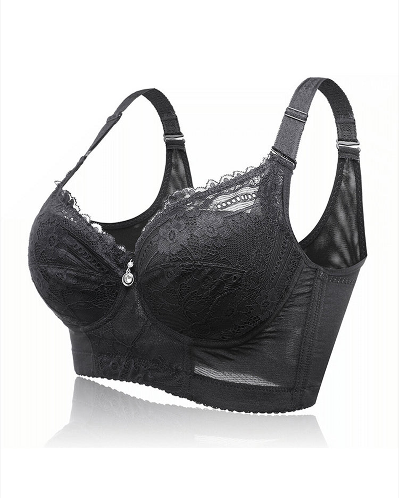 Embroidery Longline Push Up Bra Black