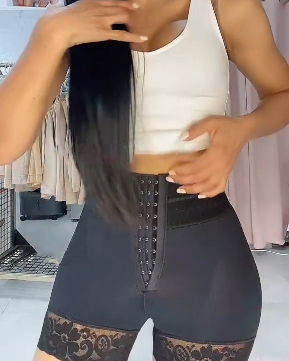 High-waisted Two-layer Lace Paneled Hip-lifting Shorts Black
