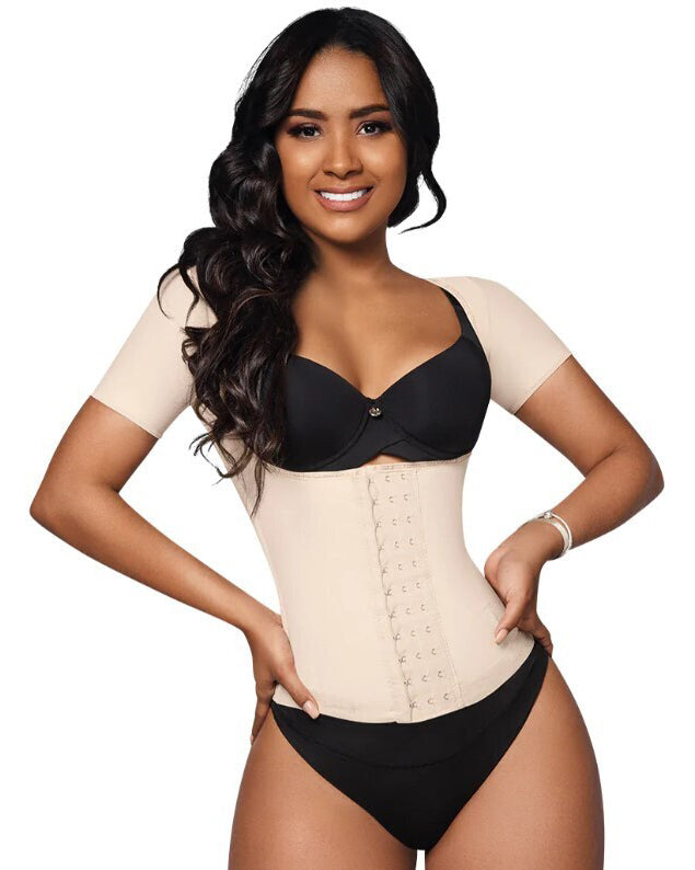 Fashion Waist Cincher Open Bust Short Sleeve Shapewear Beige