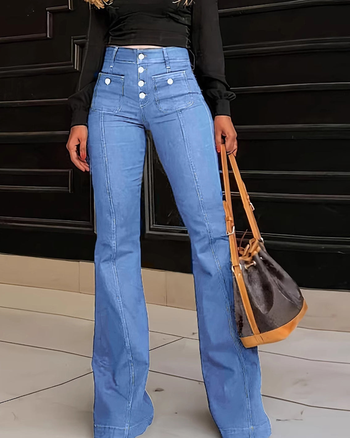 Women's Button-Front High-Waist Flare Jeans Lightblue