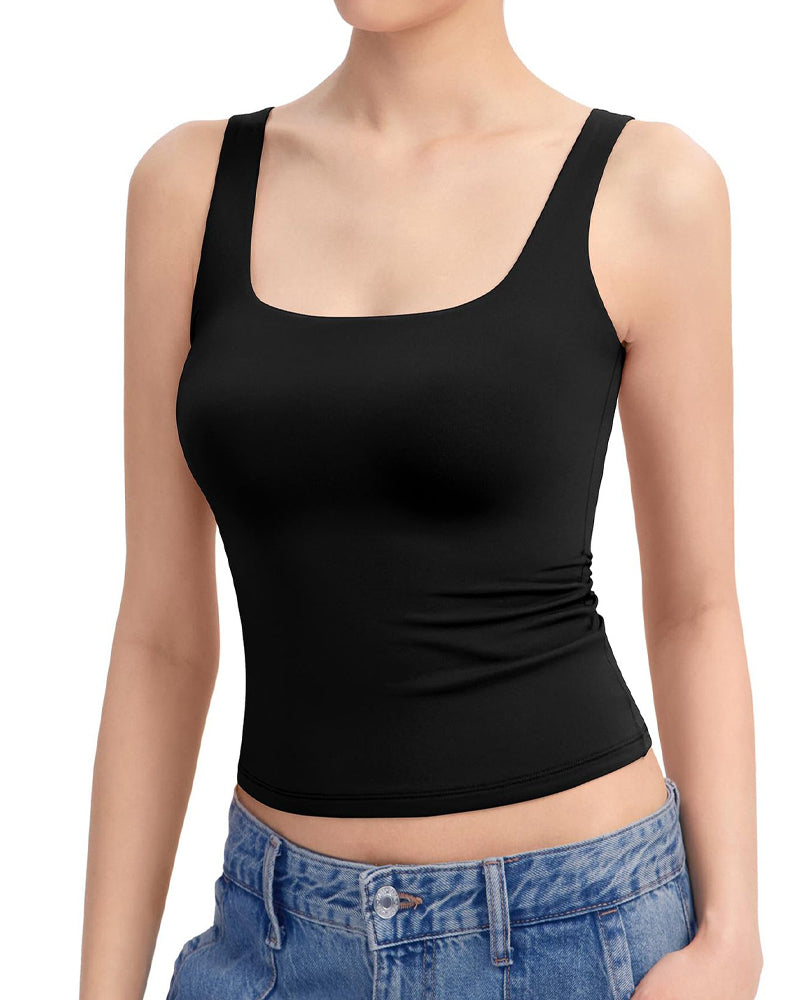 Fashion Square Neck Sleeveless Lined Basic Tops Black