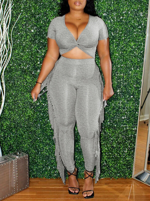 Twisted Crop Top & Fringe Pants Set--Clearance Gray S