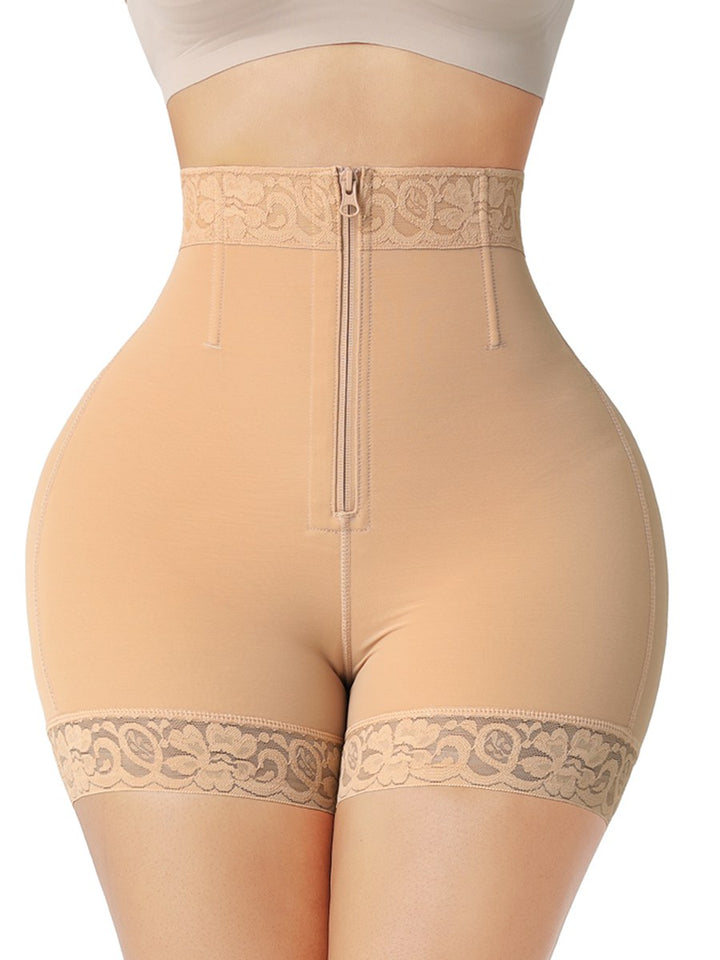High Waist Front Zipper Butt Lifter Shorts Tan