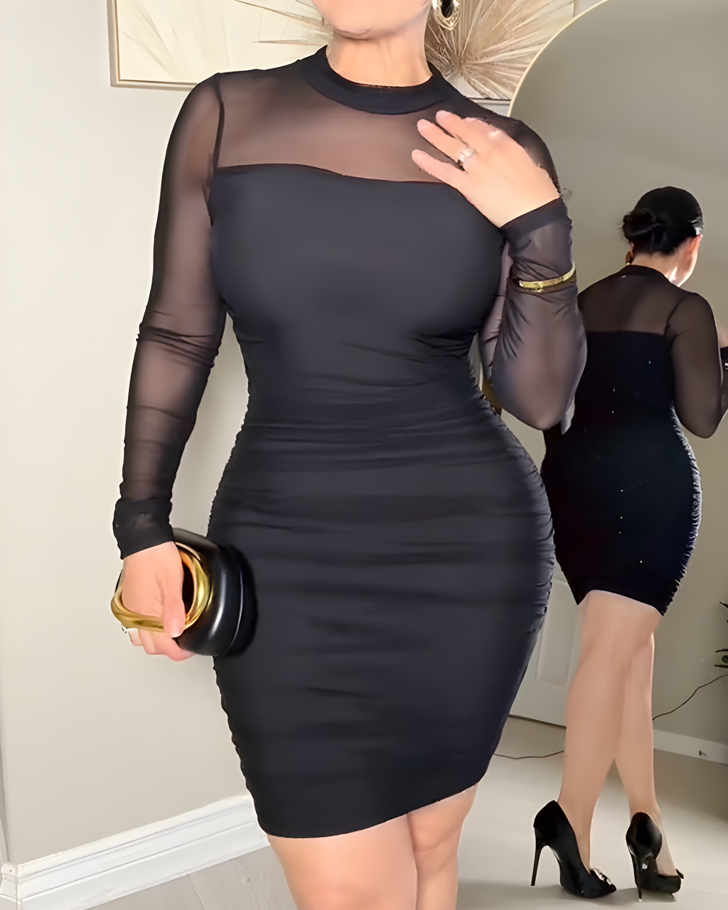 Sheer Mesh Long Sleeve Ruched Bodycon Dress Black