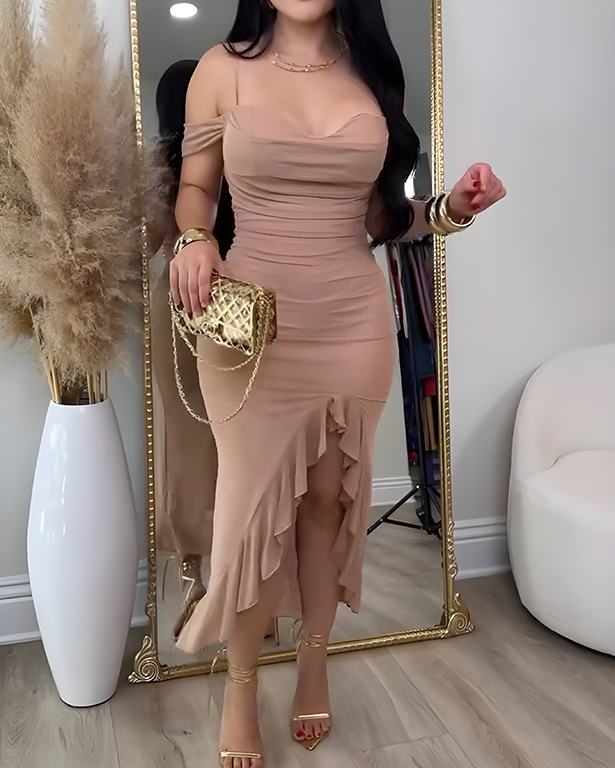 Off-the-Shoulder Mesh Ruffled Slit Slim Dress Peru