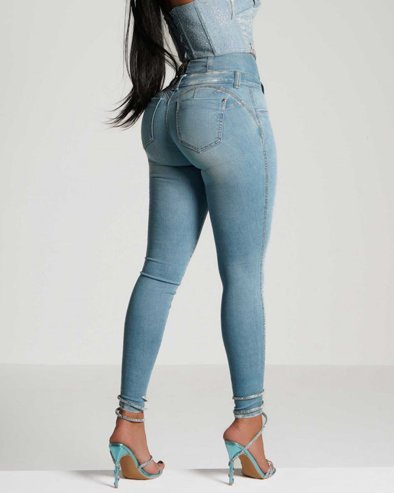 High-Waisted Back-Zip Fashion Skinny Jeans Lightblue