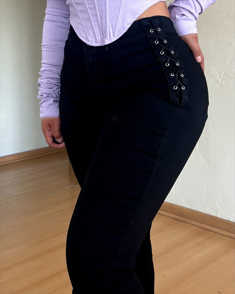 Women Fashion Design Braided Skinny Jeans Black