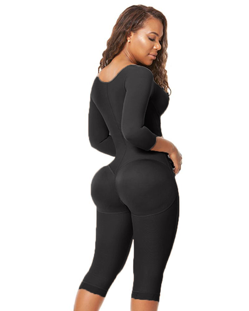 Side Zipper Breast Support Sleeved Tummy Control Full Body Shapewear