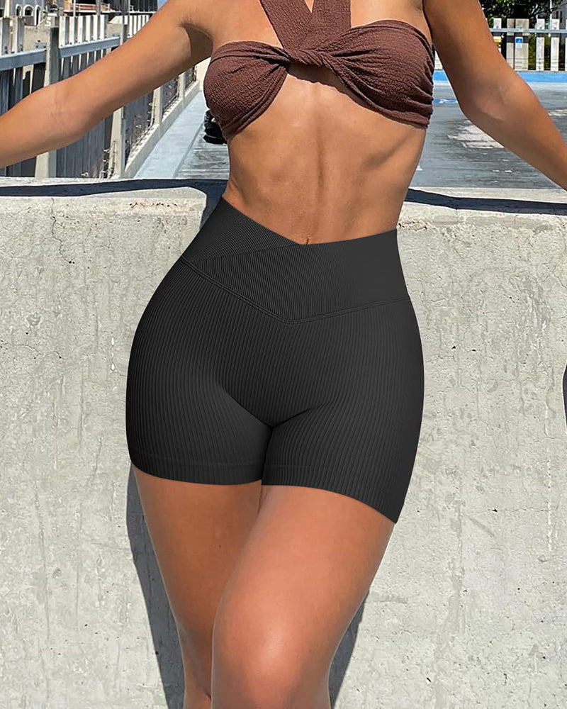 Ribbed Workout High Waisted Athletic Leggings Slim Fit Shorts Black