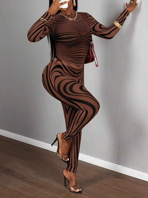 Printed Sheer Pants Set Brown