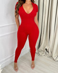 Threaded Deep V Short-sleeved Jumpsuit Red
