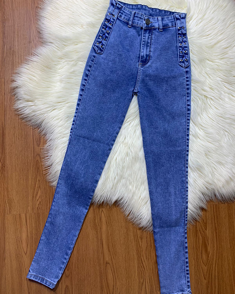 Women Fashion Design Braided Skinny Jeans Blue