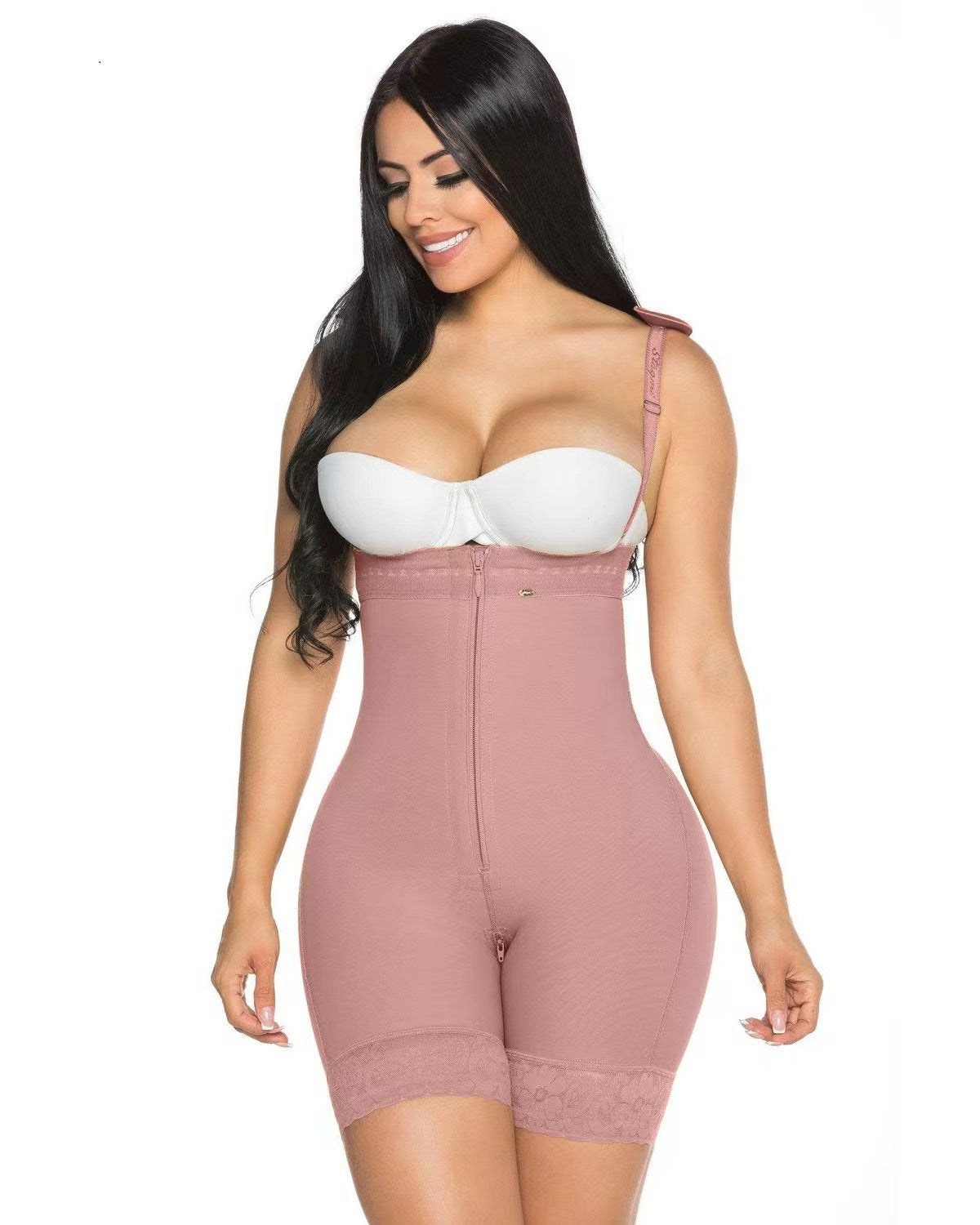 High Waisted Slimming Tummy Control Butt Lifting Zip-up Shaping Shorts RosyBrown