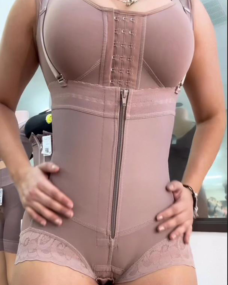 Button-Zip Closure Waist Slimming Thong Shapewear RosyBrown