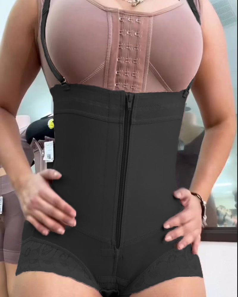 Button-Zip Closure Waist Slimming Thong Shapewear Black