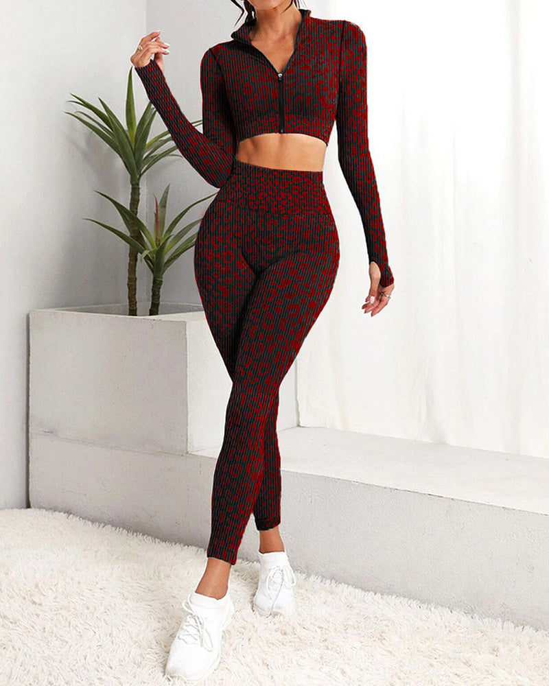 Leopard Zip-up High Waist Long Sleeve Trousers Two-piece Set Red