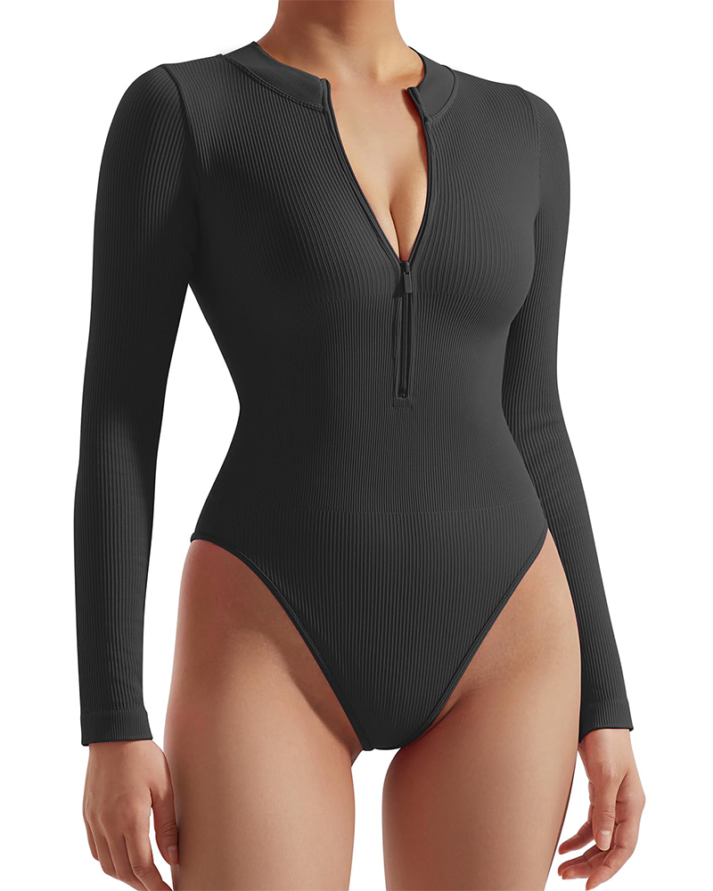 Seamless Ribbed Zip-Up Long Sleeve Bodysuit Black