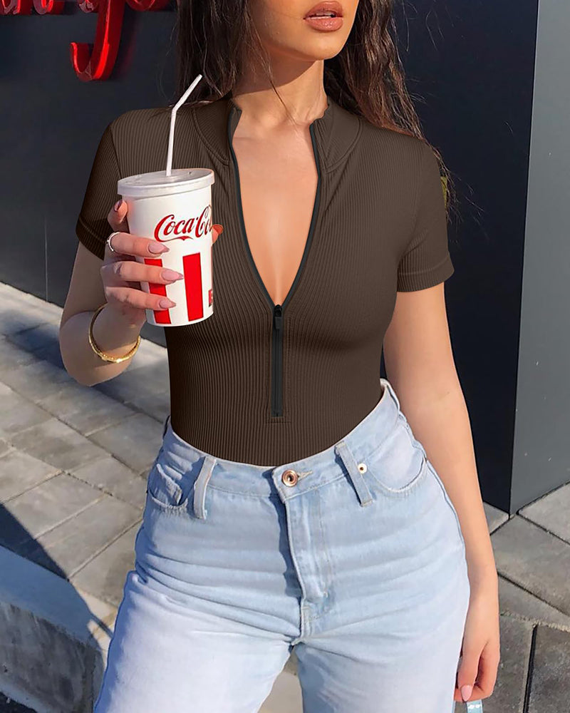 One-piece Short-sleeved Front-zip Briefs Jumpsuit Peru
