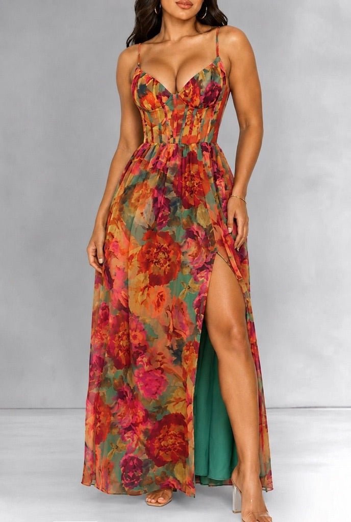 Floral Multi Color Sweetheart Corset Maxi Dress