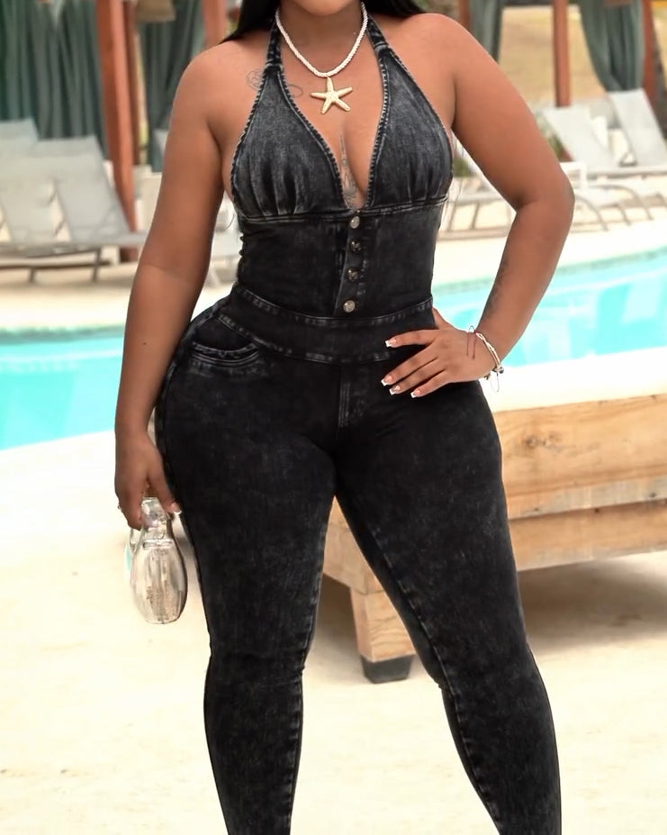 Halter Neck Slimming Hip-Lifting Sleeveless Denim Jumpsuit Black