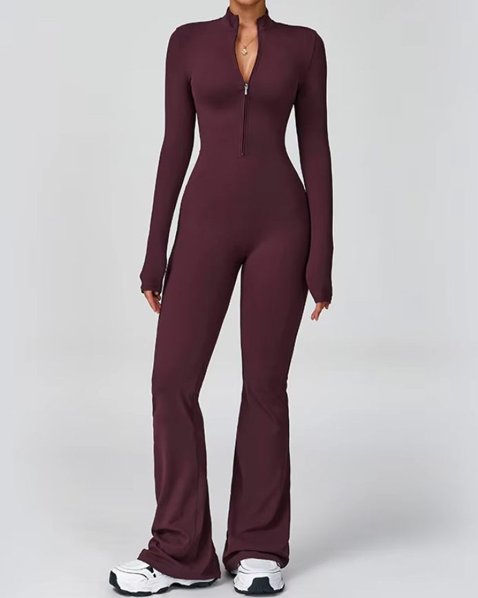 Front Zip Long Sleeve Bodycon Flare Jumpsuit Purple