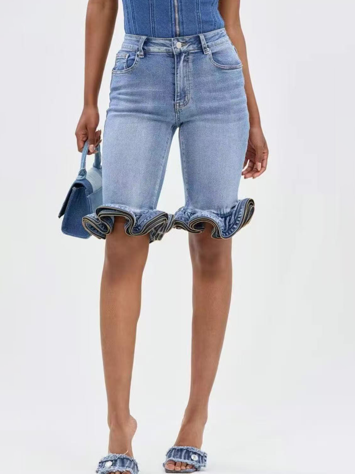 High Waisted Lace Denim Shorts Lightblue