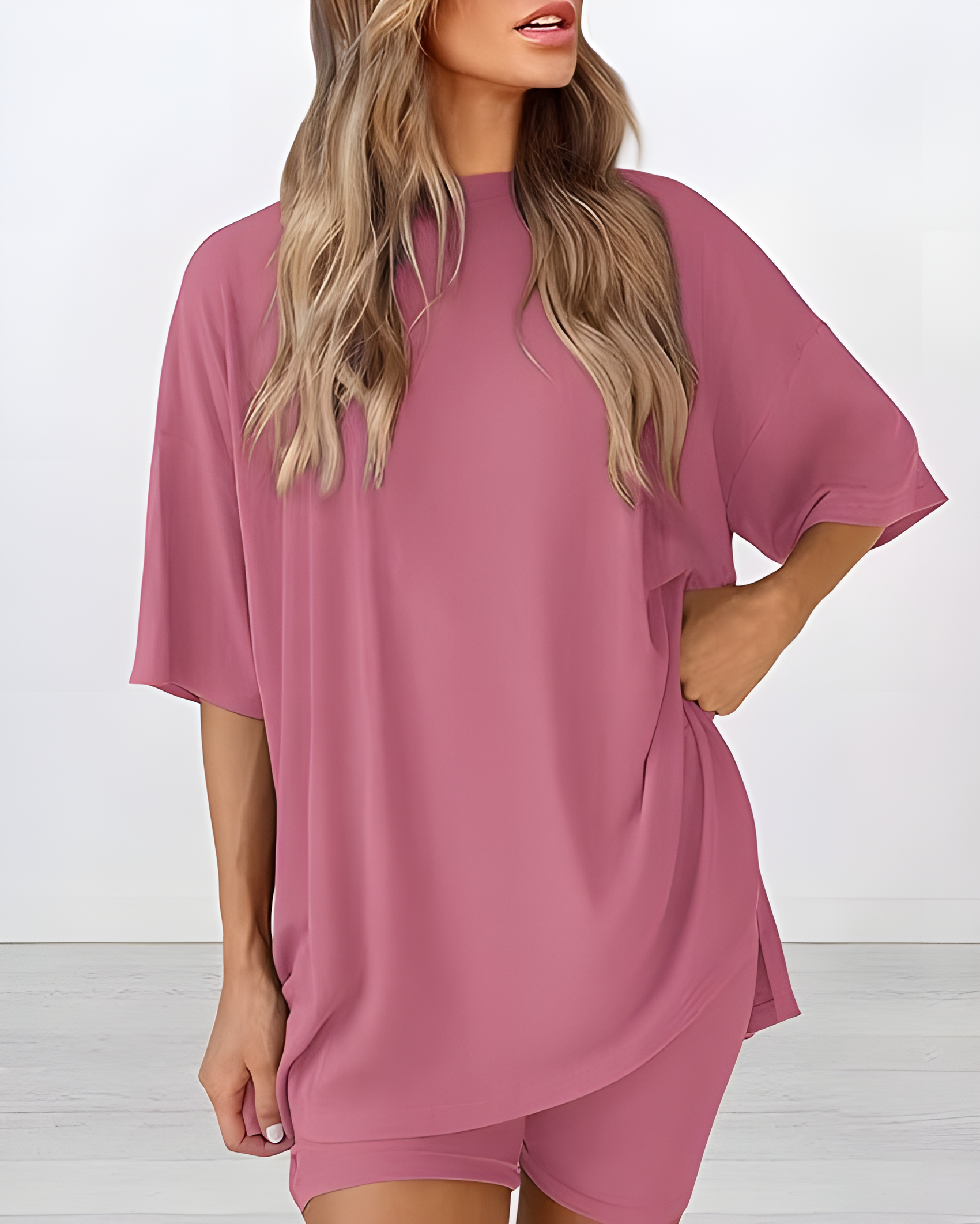 Casual Two-Piece Lounge Set Oversized Split Hem Shirt Pink