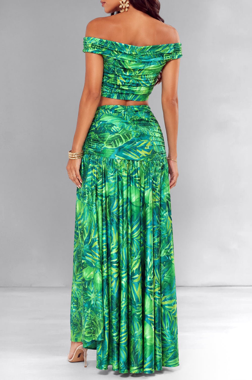 Green Tropical Print Off Shoulder Slit Two Piece Skirt Set