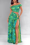 Green Tropical Print Off Shoulder Slit Two Piece Skirt Set