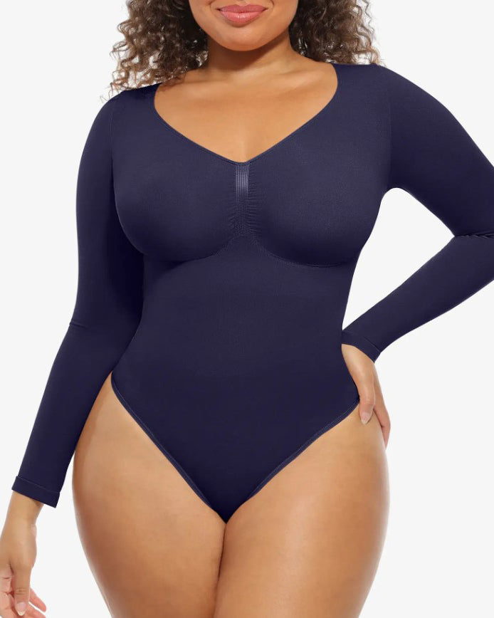 Tummy Shaping V Neck Slimming Thong Bodysuit Blue
