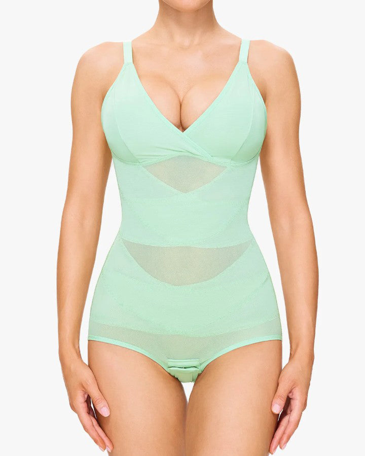 Sheer Mesh Slimming Thong Bodysuit Olive