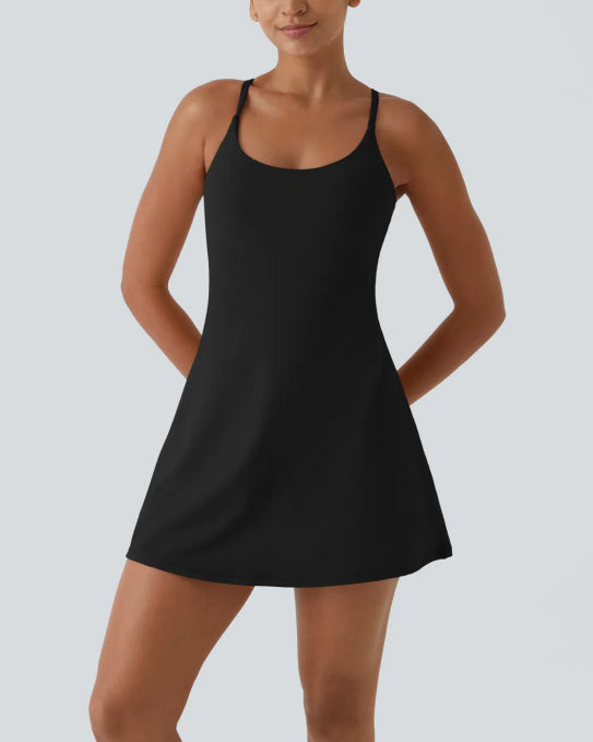 Womens Spaghetti Strap Backless Flare Workout Dress With Shorts