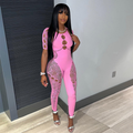 Mesh Hollow Out Stretchy Jumpsuit Pink