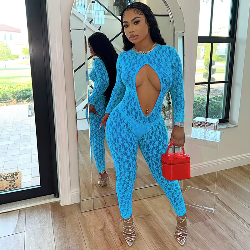 Lace Cut Out Jumpsuit Blue