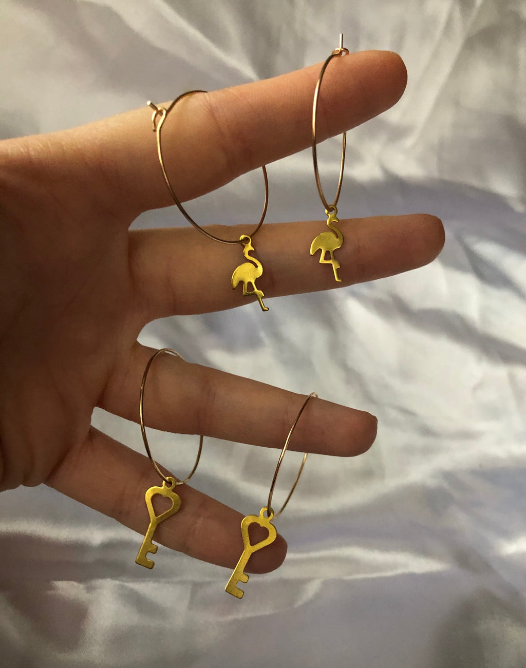 Love key/flamingo pendant hoops