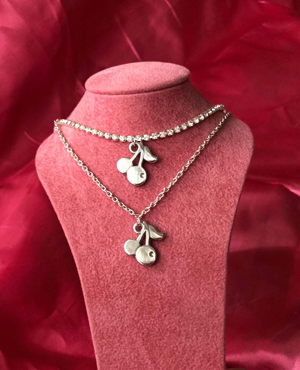 Silver cherries pendant necklace
