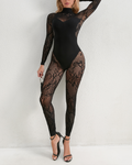Long-Sleeved Lace Cutout Black Bodysuit Black
