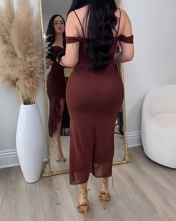 Off-the-Shoulder Mesh Ruffled Slit Slim Dress