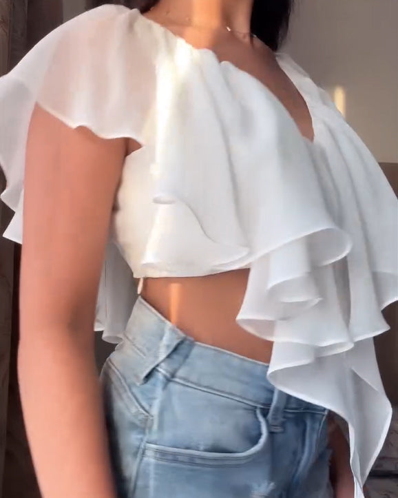 Ruffled V-Neck Cropped Top with Butterfly Sleeves