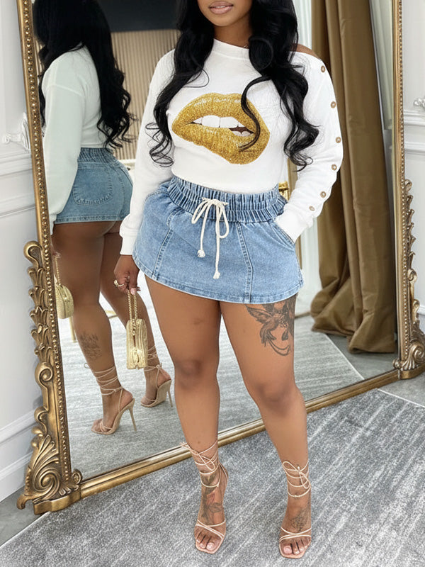 Lip One-Shoulder Button-Sleeve Sweatshirt White