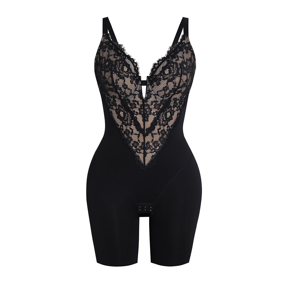 Women's Elegance Lace Bodysuit Deep V Neck Mid-Thigh Shapewear with Hooks
