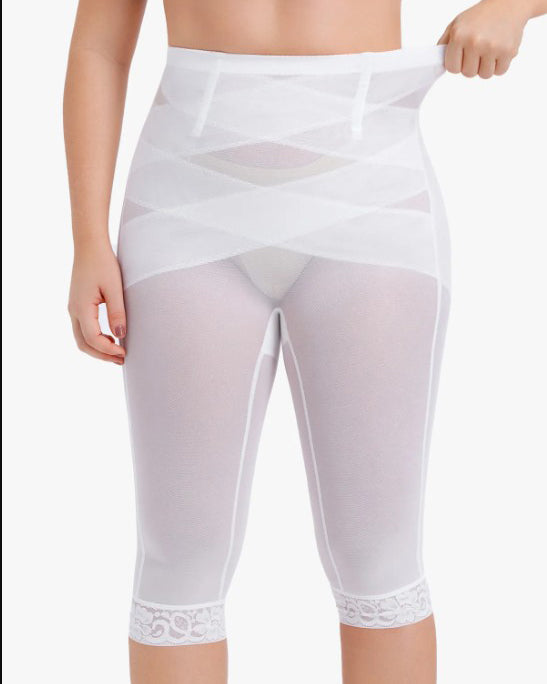 High Waist Lace Trim Sheer Mesh Shaper Pants White