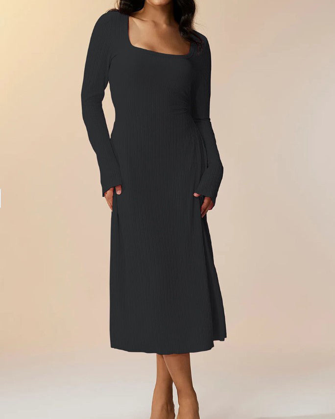 Knitted Ribbed Square Neck Long-Sleeved Tie Dress Black