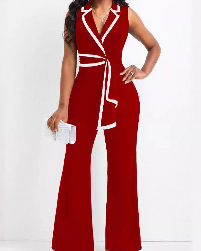 V-Neck Splicing Sleeveless Wide-Leg Jumpsuit DarkRed