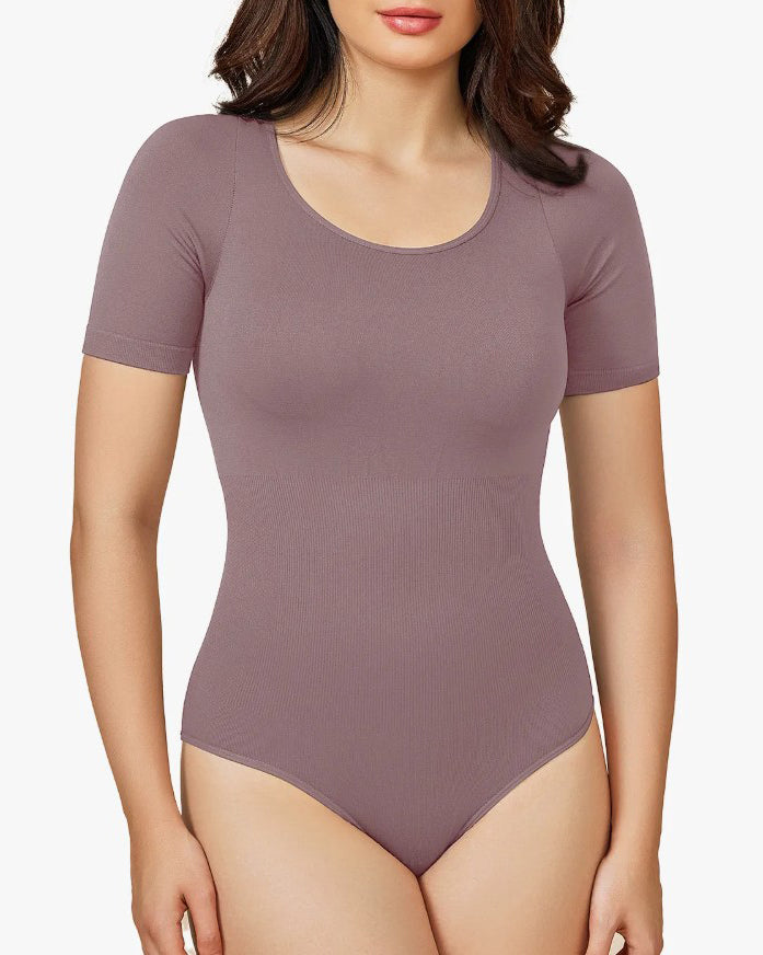 Round Neck Short Sleeve Slimming Shaping Thong Bodysuit Violet