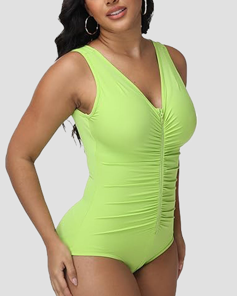 One Piece Deep V Ruched Tummy Control Swimsuit GreenYellow
